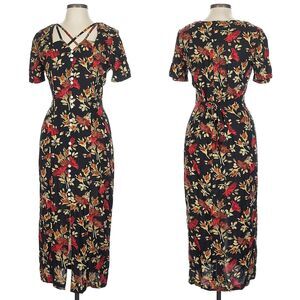 Vintage 90s S. Roberts Dark Floral Midi Dress Button Front Cottagecore Size 11
